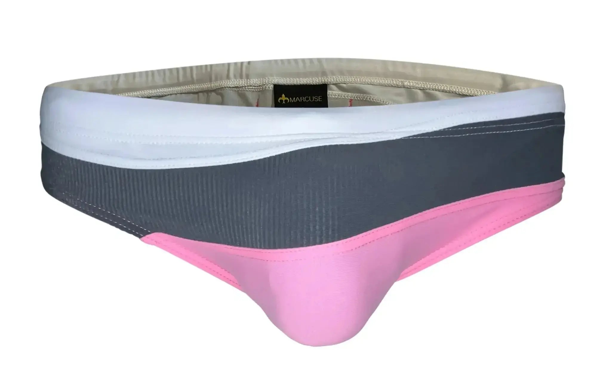 The marcuse maillons bikini swimwear features men’s briefs with a bold three-tone white charcoal gray and vibrant pink design