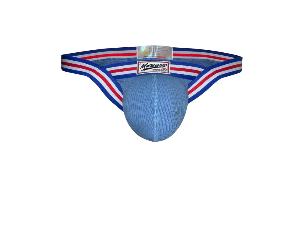 Marcuse Marche brief underwear in blue ribbed fabric with a red and white striped waistband and marcasso label