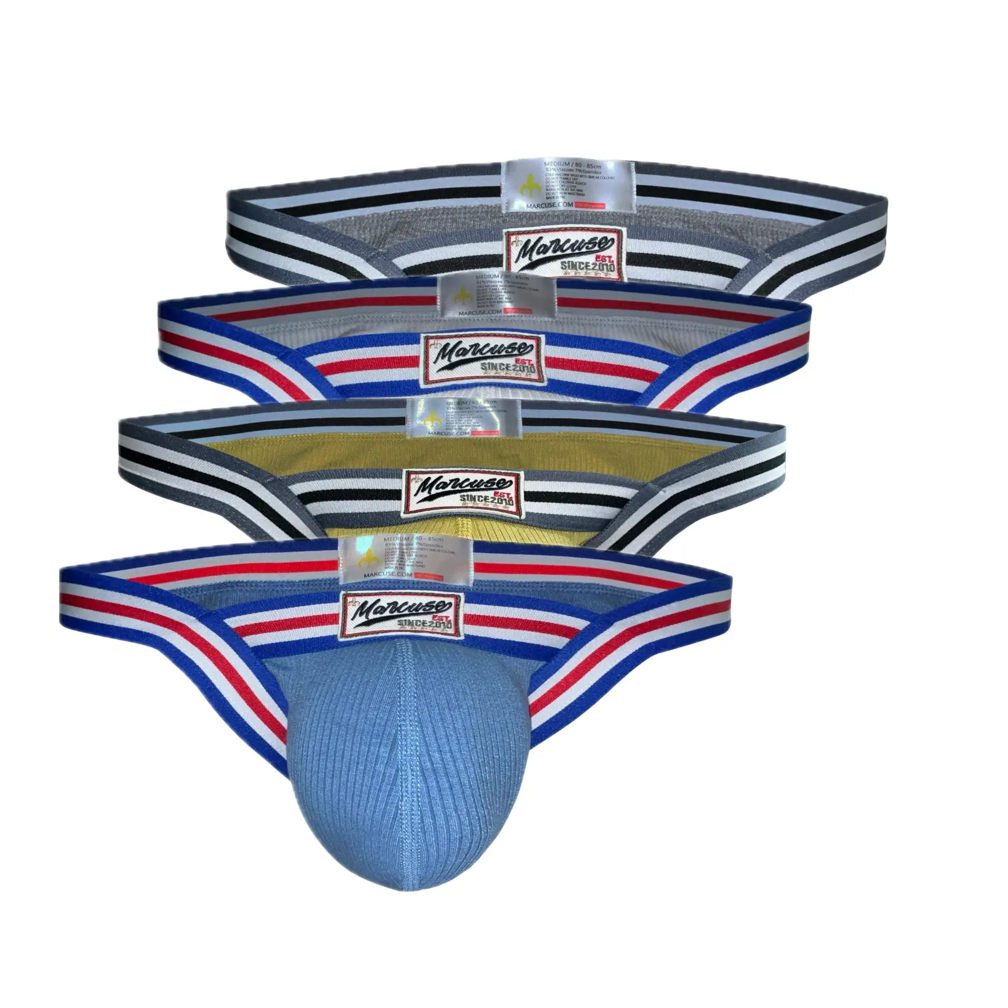 Blue ribbed marcuse marche brief underwear with red white and blue striped waistband for athletic use