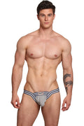 Marcuse Marche brief underwear in gray athletic fabric with navy white striped waistband and red black logo on front
