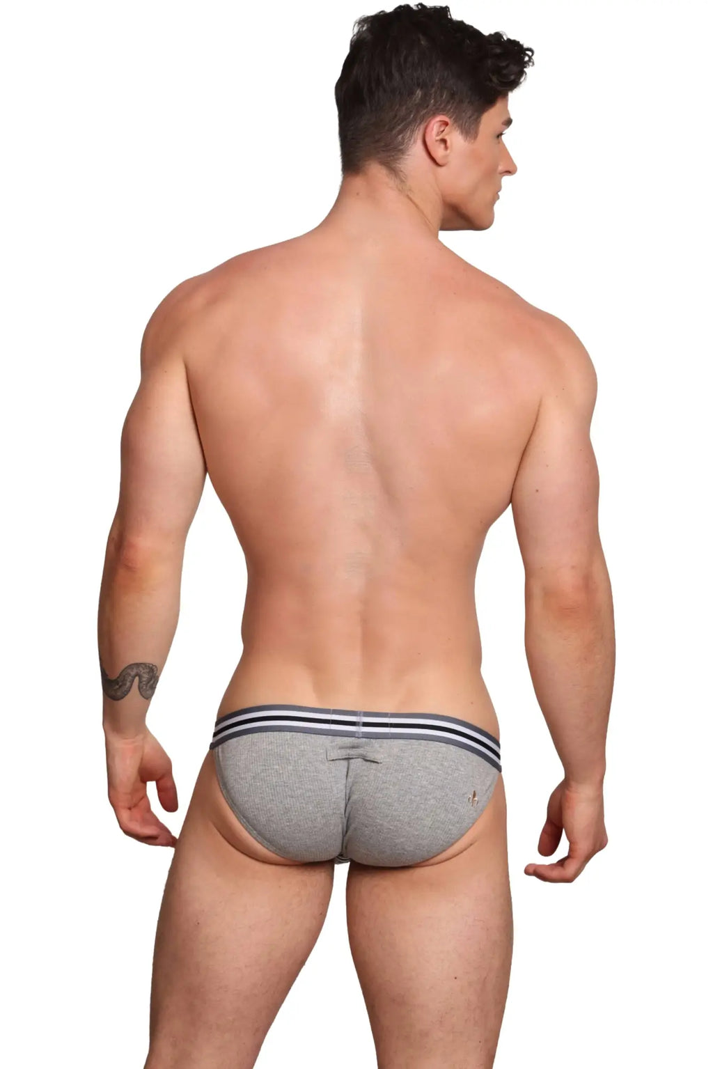Gray heathered marcuse marche brief underwear with two navy blue stripes on the waistband