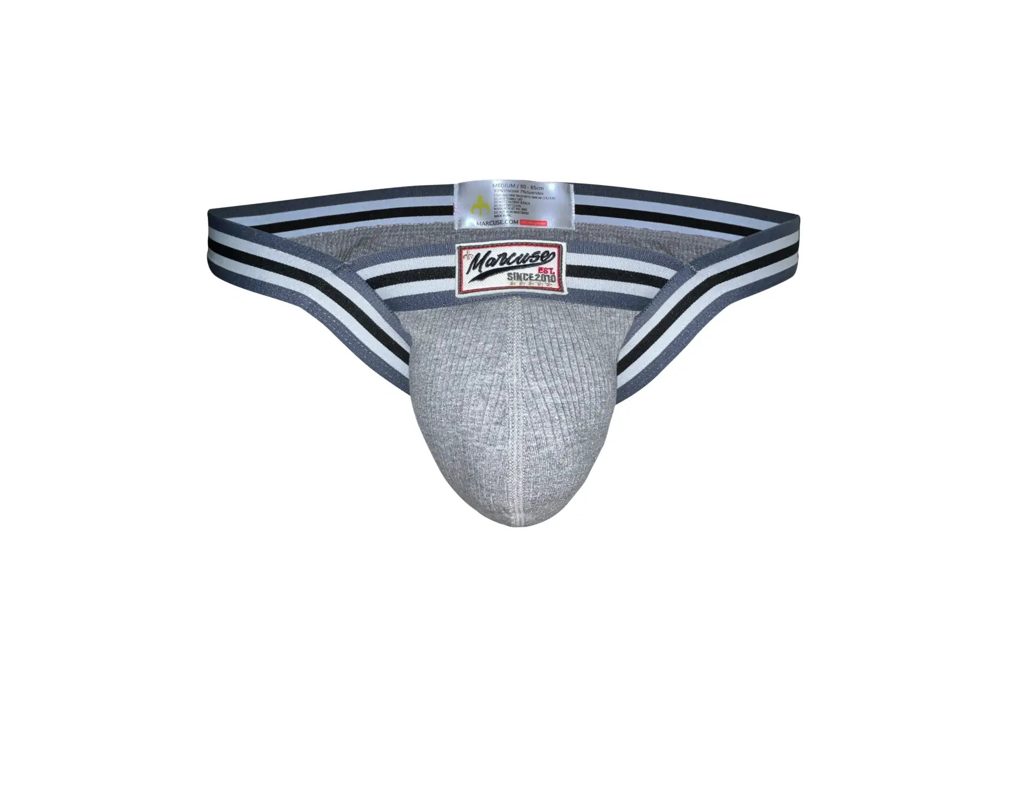 Gray textured marcuse marche brief underwear with black and white striped waistband and morse brand label