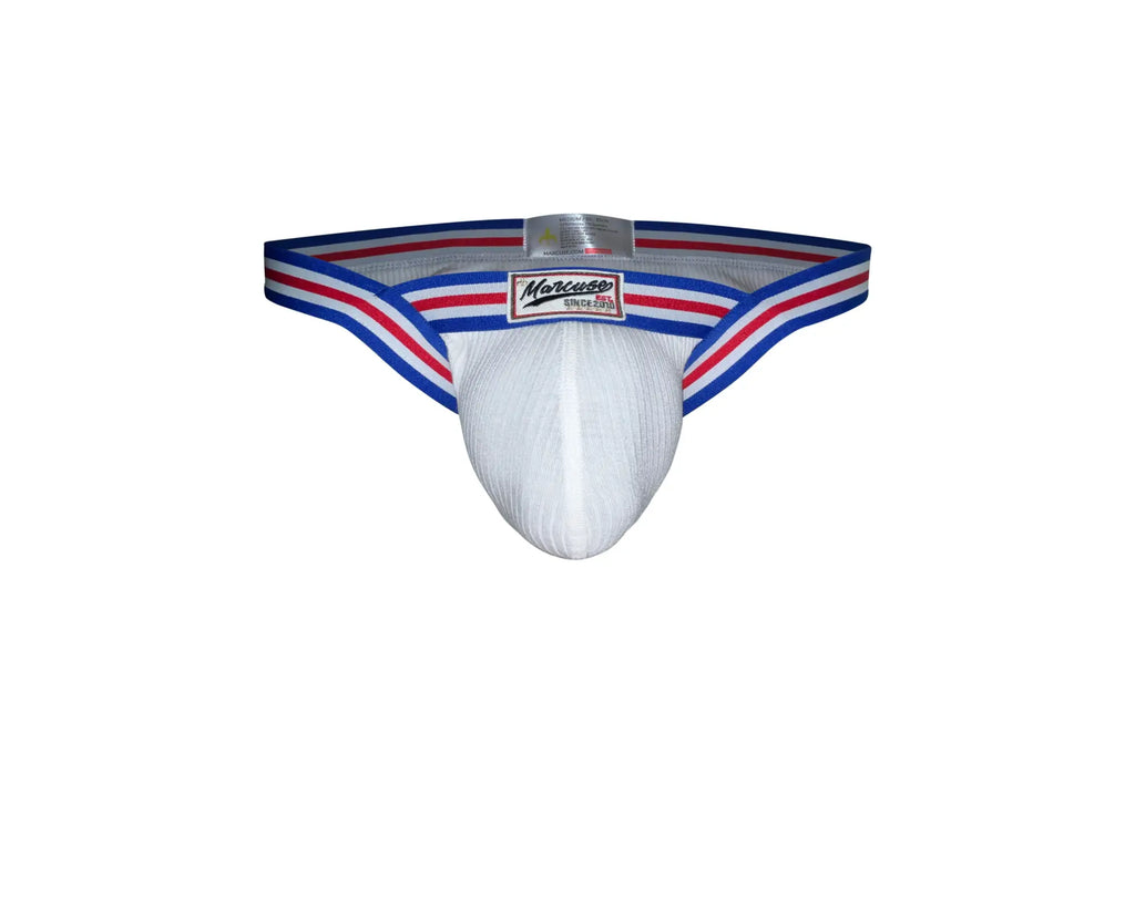 White marcuse marche brief underwear with blue red and white striped waistband and marciano brand label