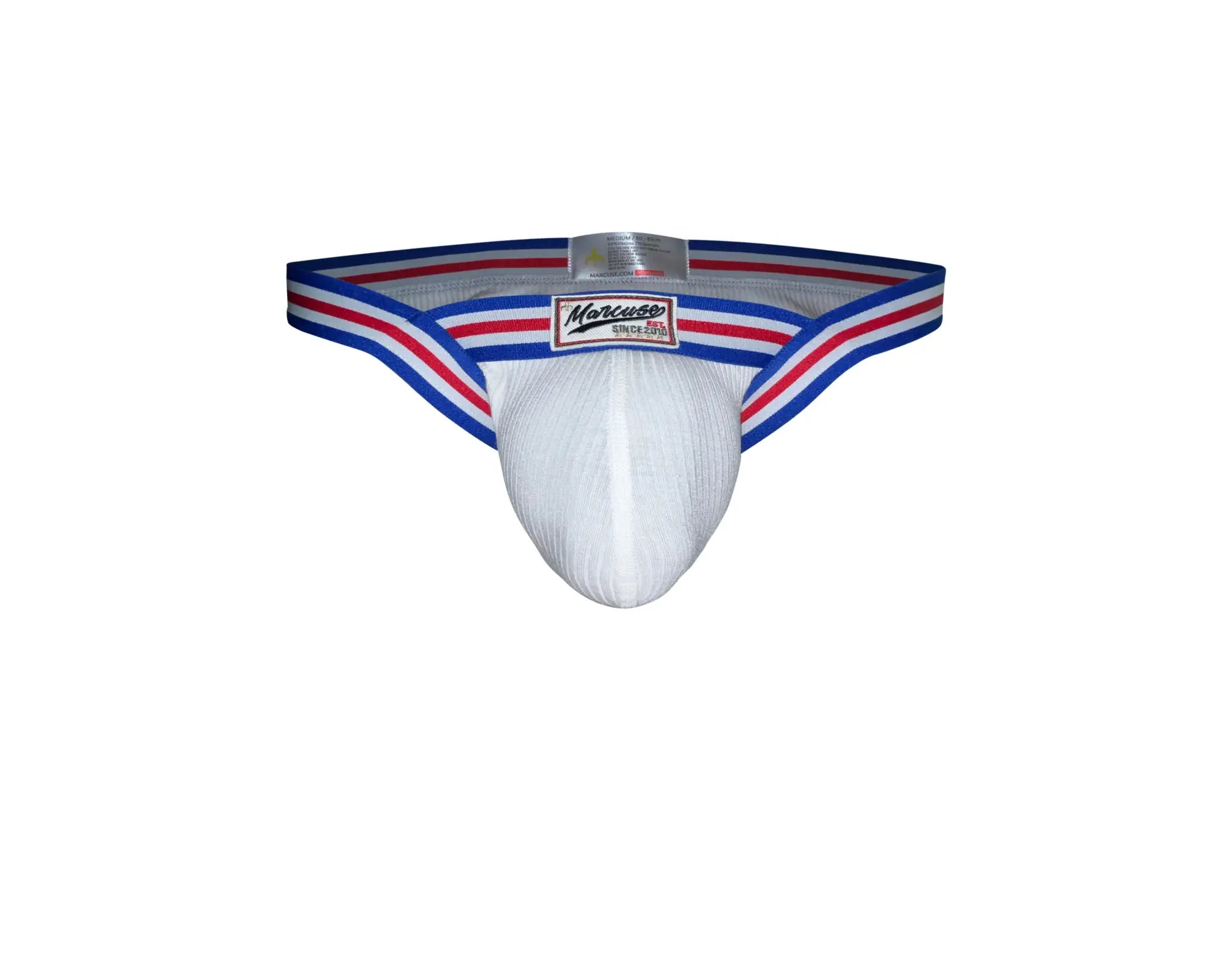 White marcuse marche brief underwear with blue red and white striped waistband and marciano brand label