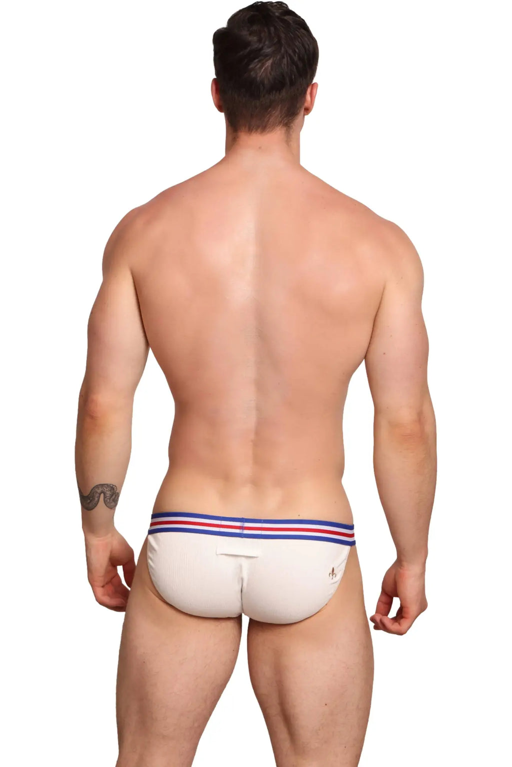 Marcuse Marche brief underwear in white with a red white and blue striped waistband for daily comfort