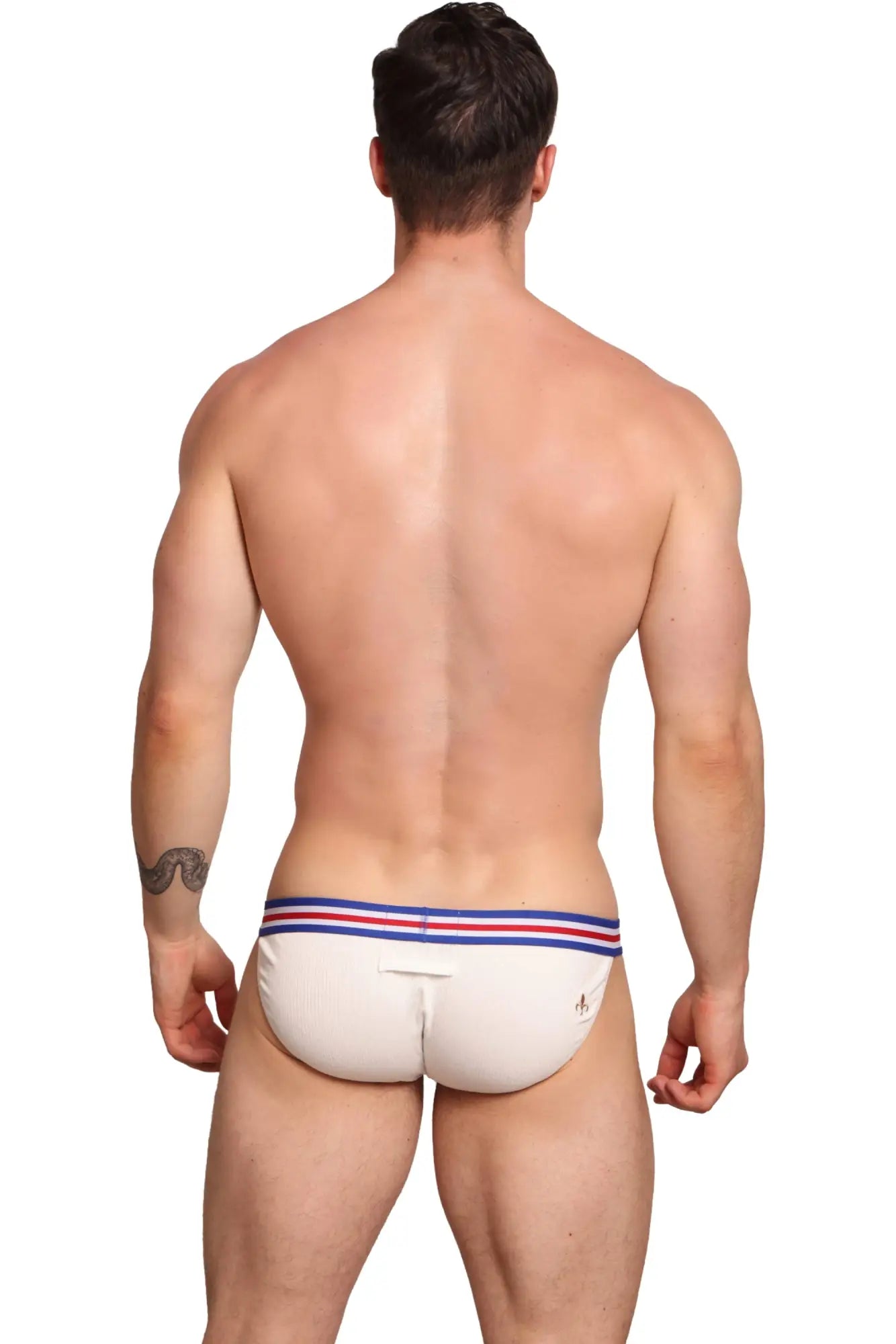 Marcuse Marche brief underwear in white with a red white and blue striped waistband for daily comfort