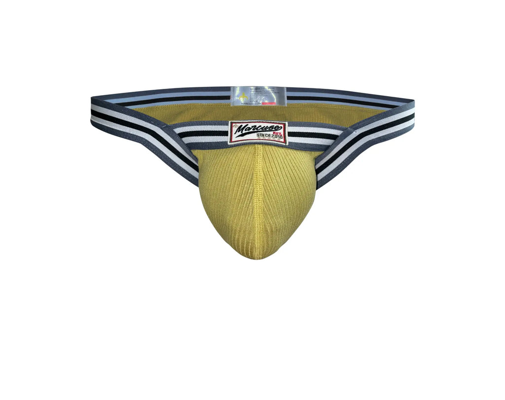 Yellow ribbed men’s marcuse marche brief underwear with black and white striped waistband and marcuse since 1984 label