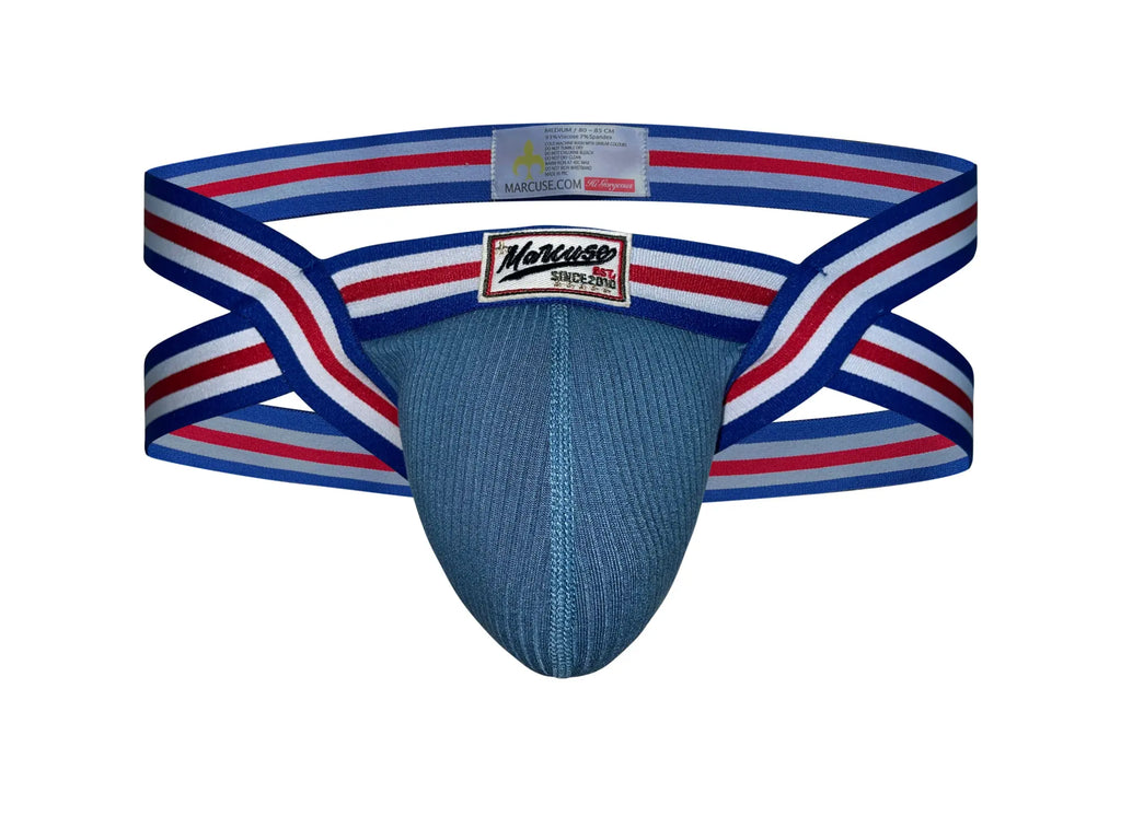 Blue knitted Marcuse Marche jock underwear with red white and blue striped elastic bands for supportive wear