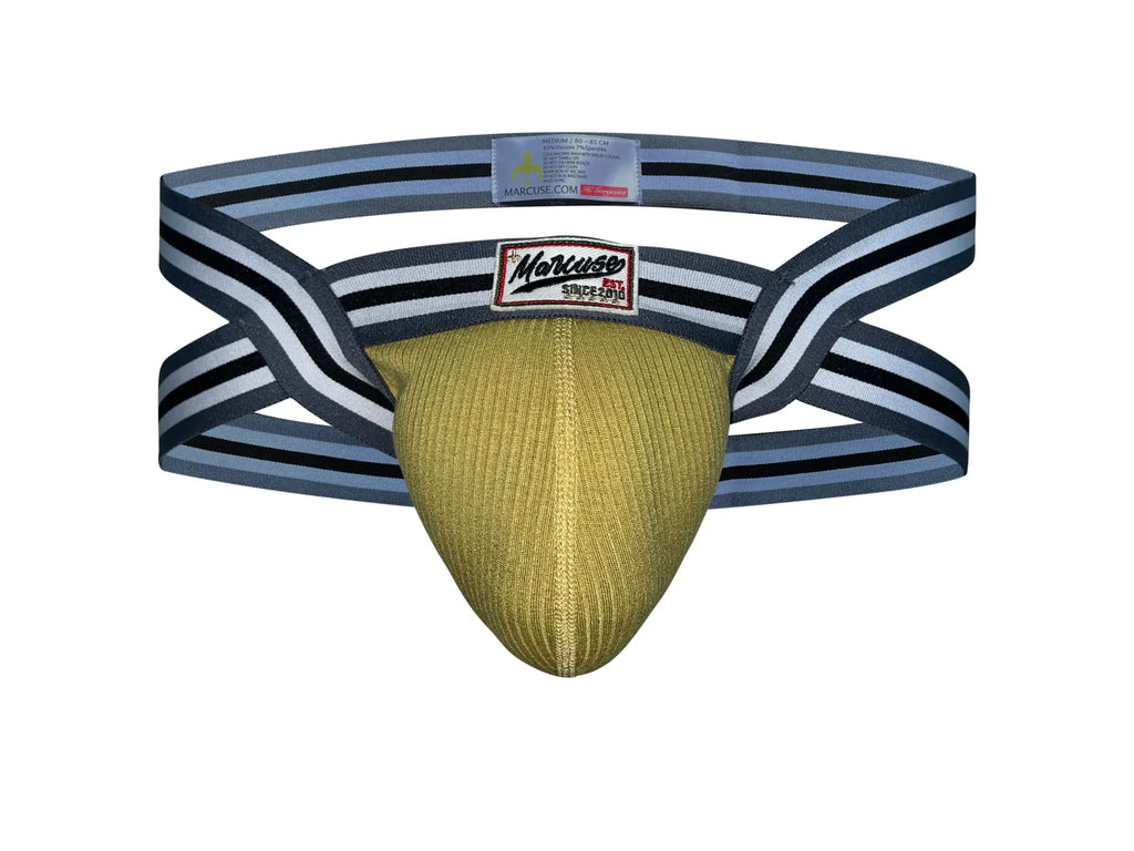 Marcuse Marche jock underwear in gold ribbed fabric with black and white striped elastic straps in front view