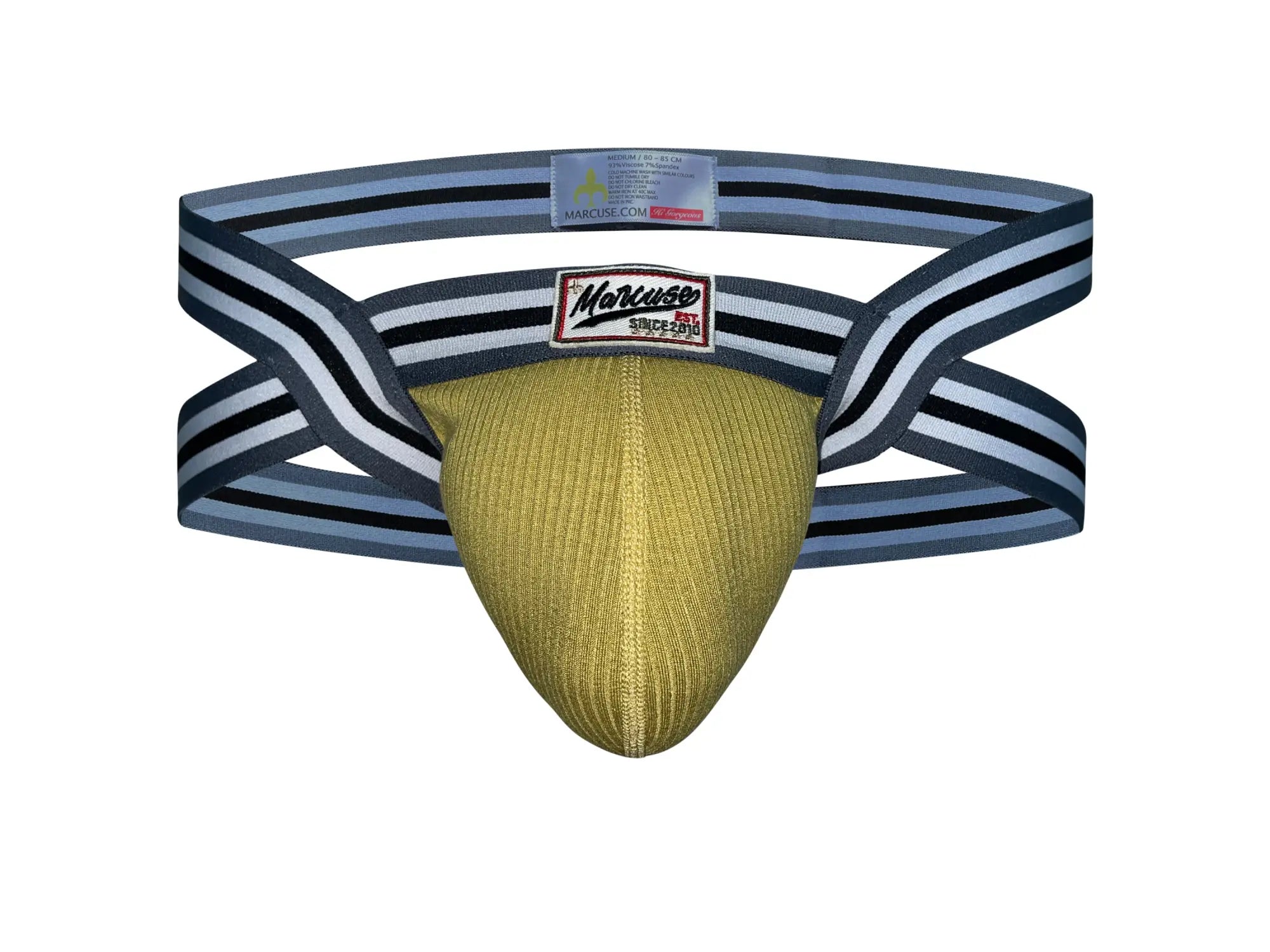 Marcuse Marche jock underwear in gold ribbed fabric with black and white striped elastic straps in front view