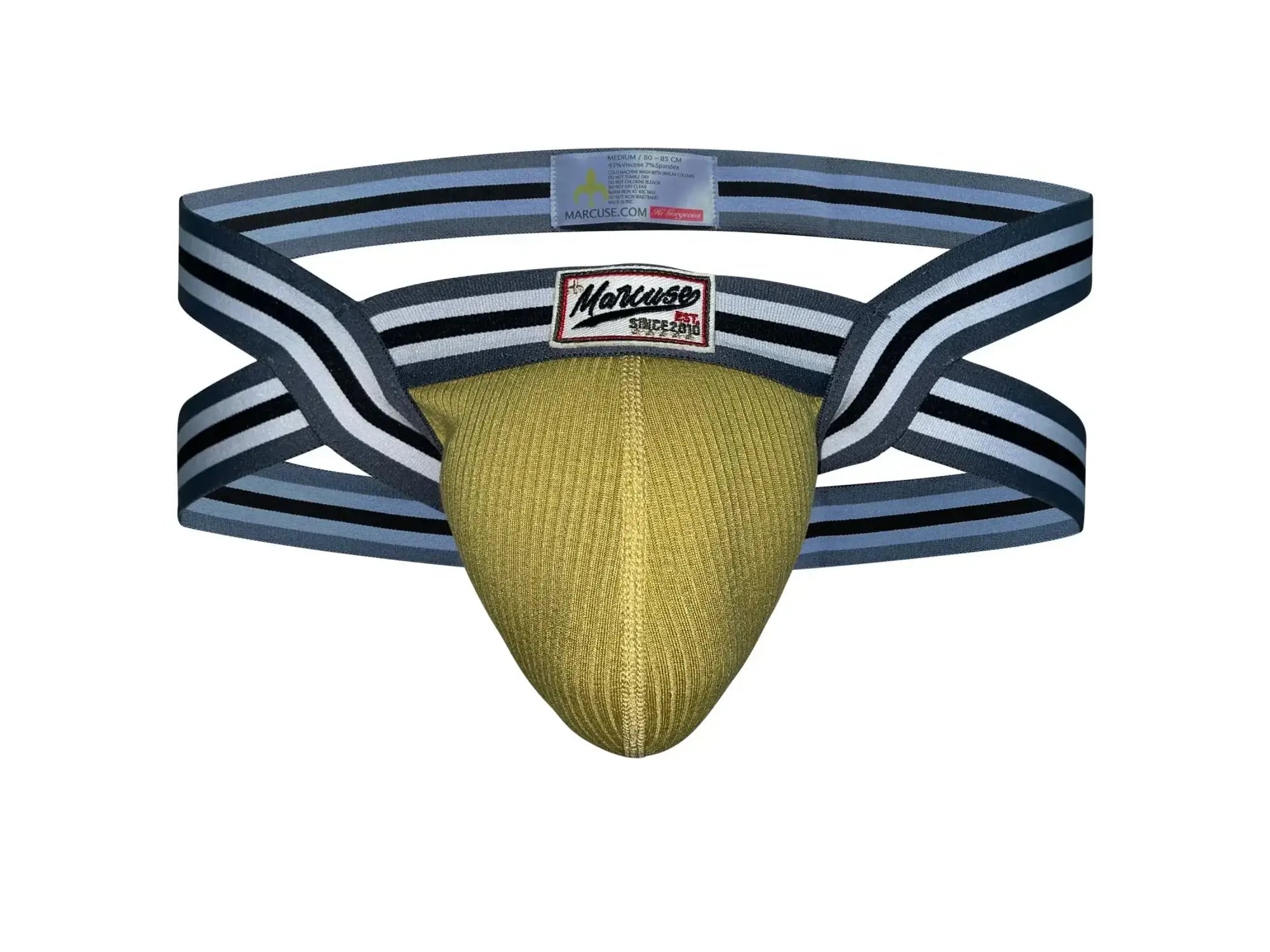 Marcuse Marche jock underwear in gold ribbed fabric with black and white striped elastic straps in front view