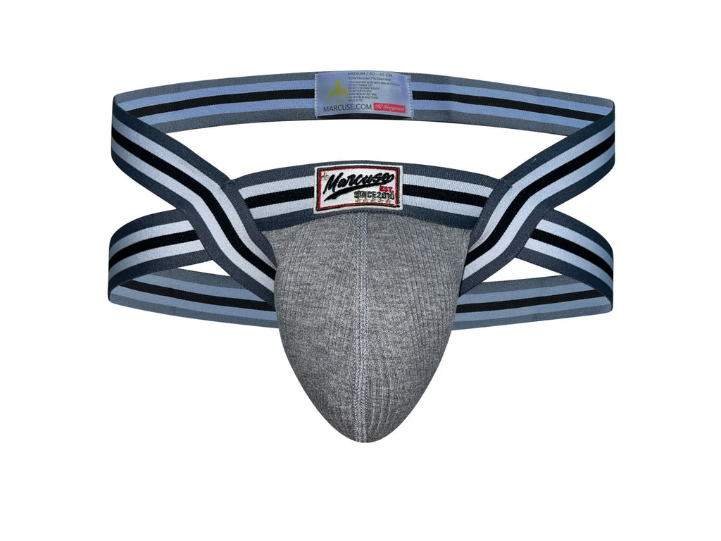 Gray textured fabric marcuse marche jock underwear with black and white striped elastic straps