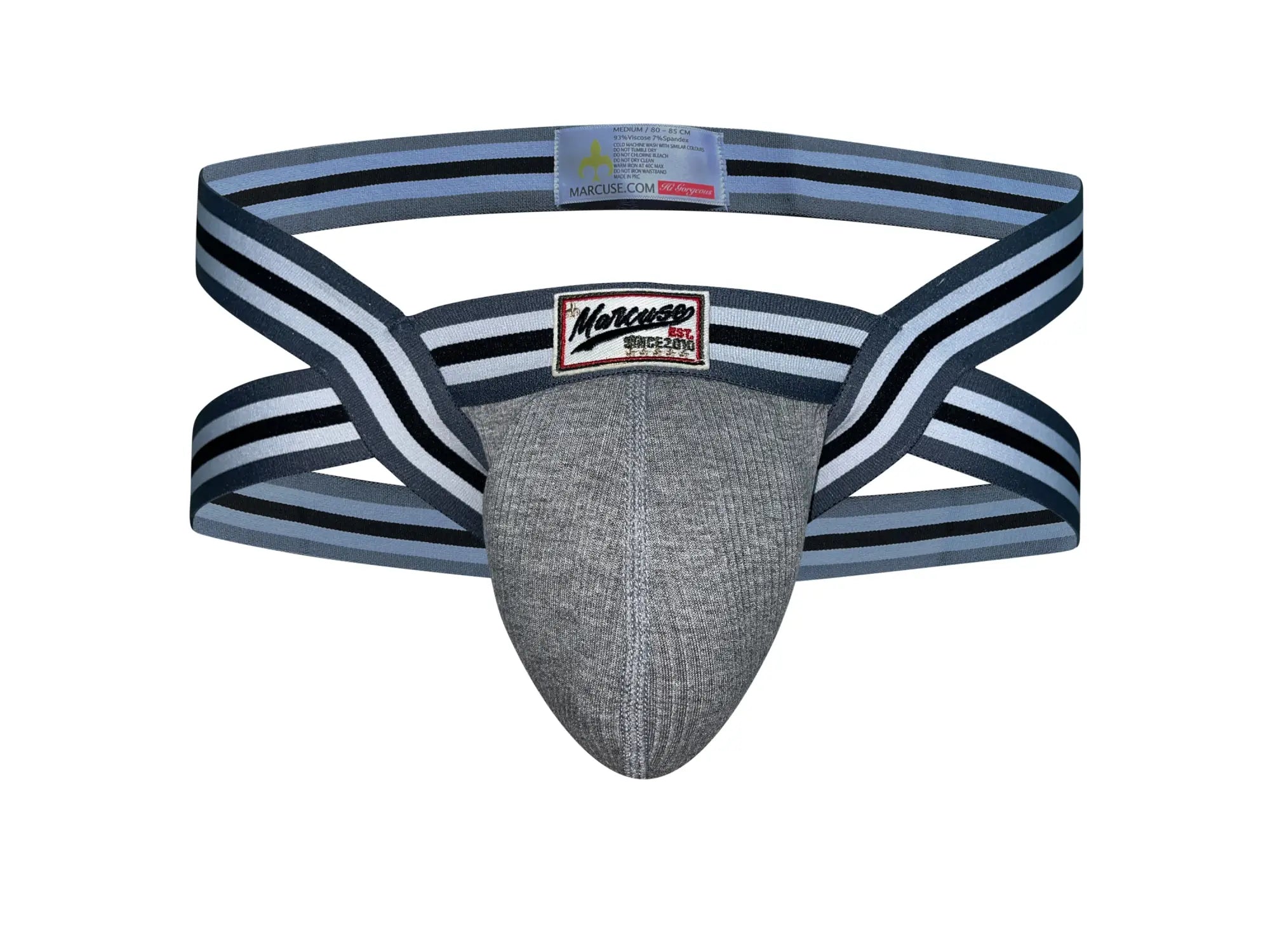 Gray textured fabric marcuse marche jock underwear with black and white striped elastic straps