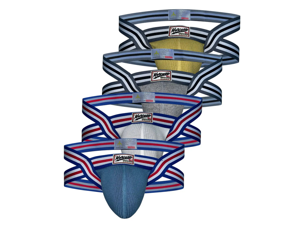 Set of four Marcuse Marche jock underwear briefs in blue white gray and yellow with striped elastic waistbands