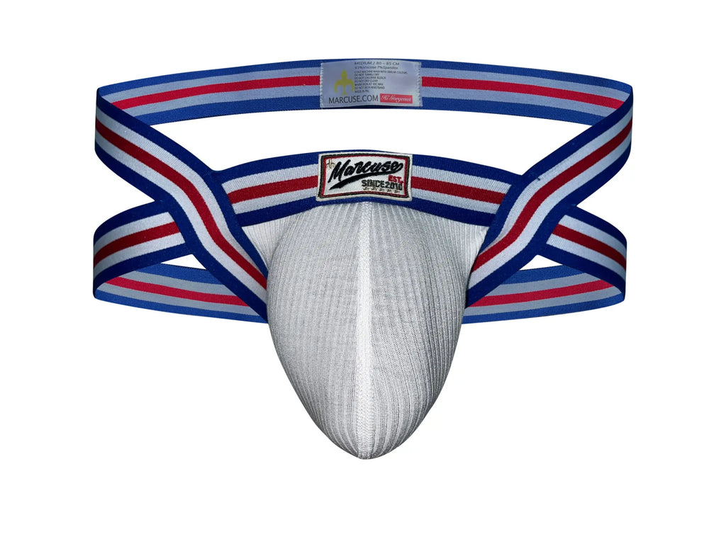 Marcuse Marche jock underwear in silver textured mesh with red white and blue striped elastic waistband