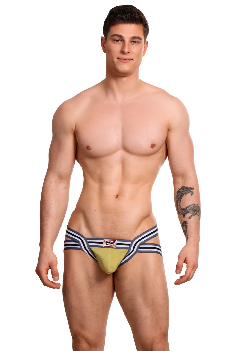 Marcuse Marche jock underwear featuring a sleek olive green and navy striped athletic brief with a bold design
