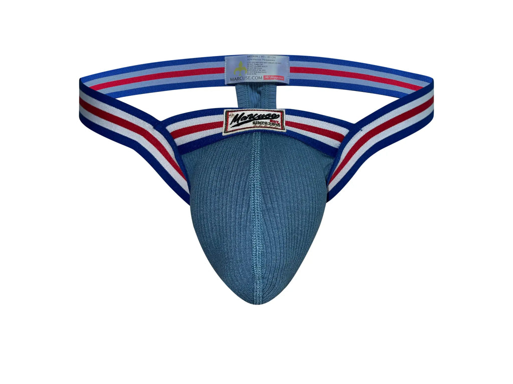 Blue knitted jockstrap with red white and blue striped elastic bands from Marcuse Marche thong underwear collection