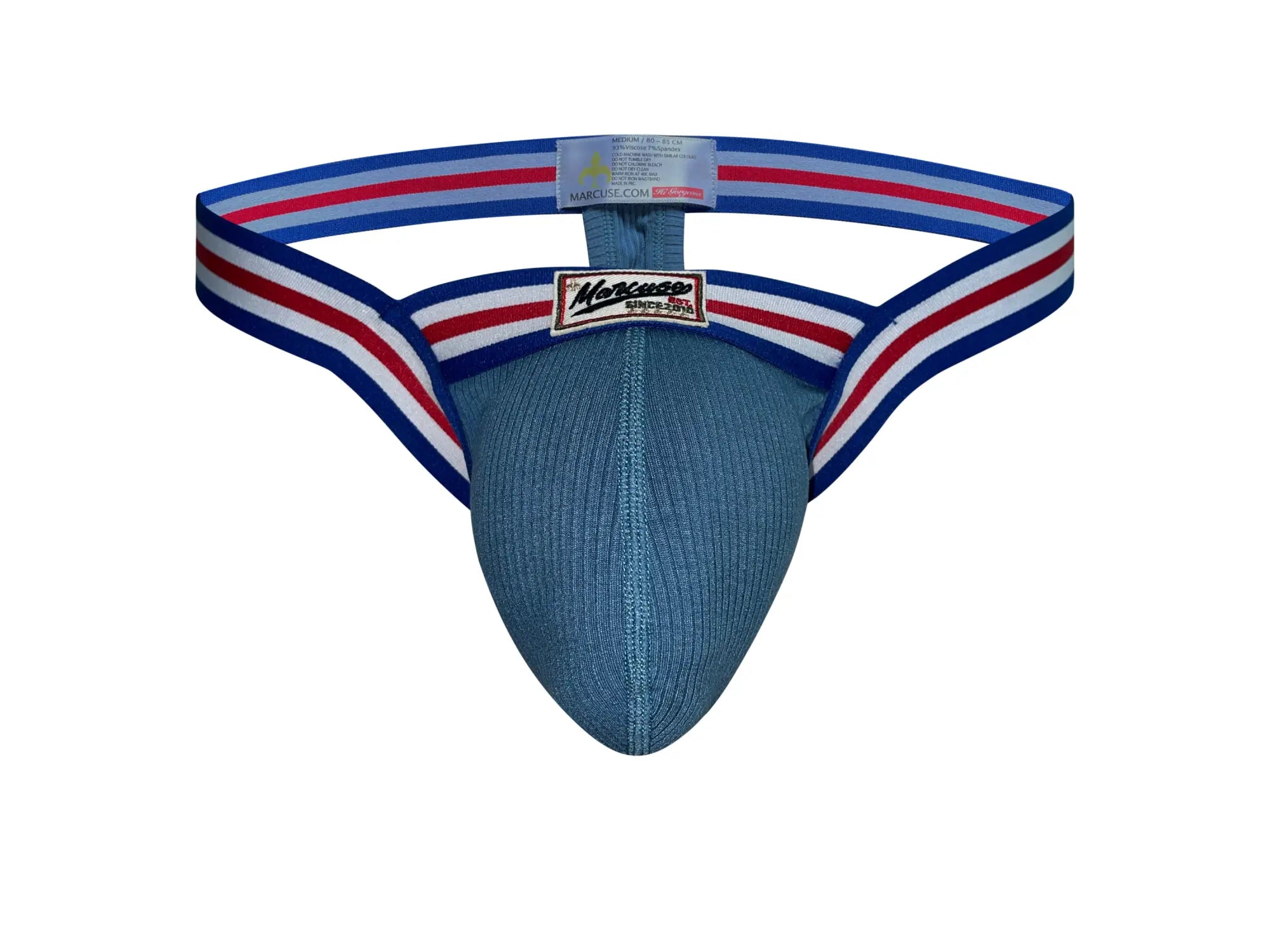 Blue knitted jockstrap with red white and blue striped elastic bands from Marcuse Marche thong underwear collection