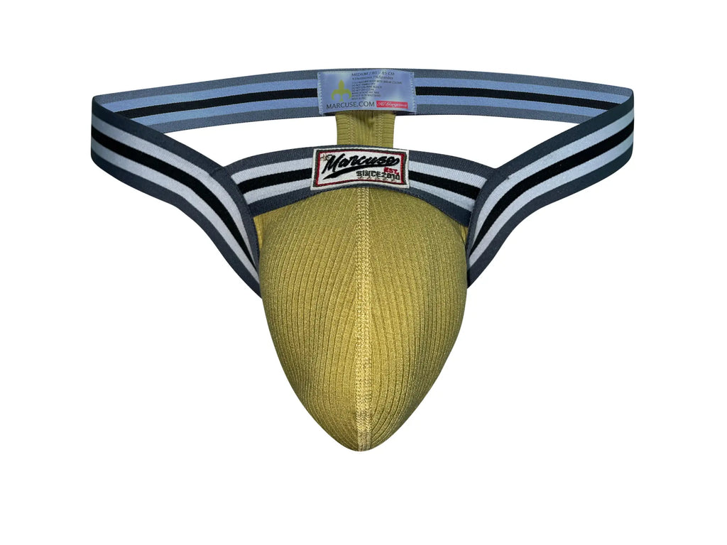 Marcuse Marche thong underwear in gold ribbed fabric with a navy blue and white striped waistband