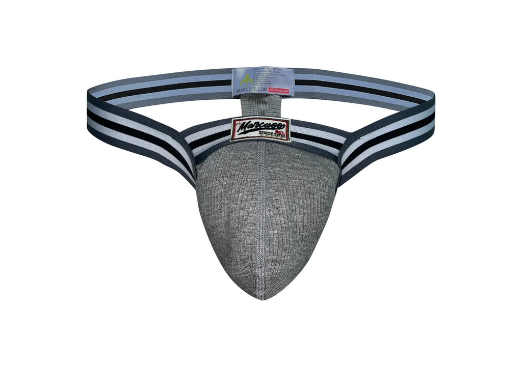 Gray textured marcuse marche thong underwear with black and white striped elastic waistband and moroso brand label