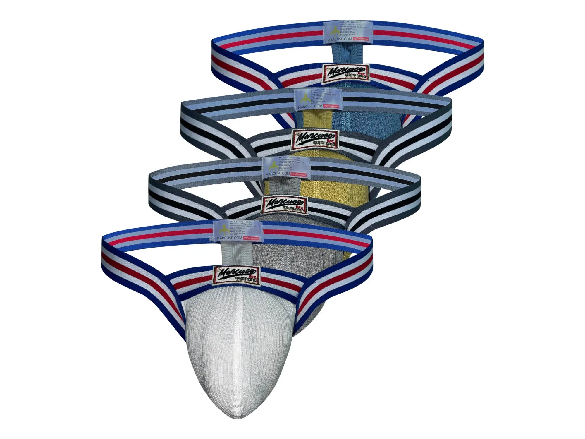 Set of five mercury brand jockstraps in assorted colors with striped waistbands from marcuse marche thong underwear collection
