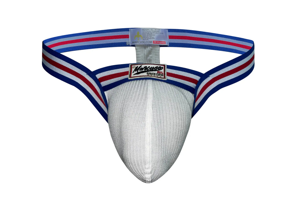Silver ribbed marcuse marche thong underwear with red white and blue striped waistband and branded label