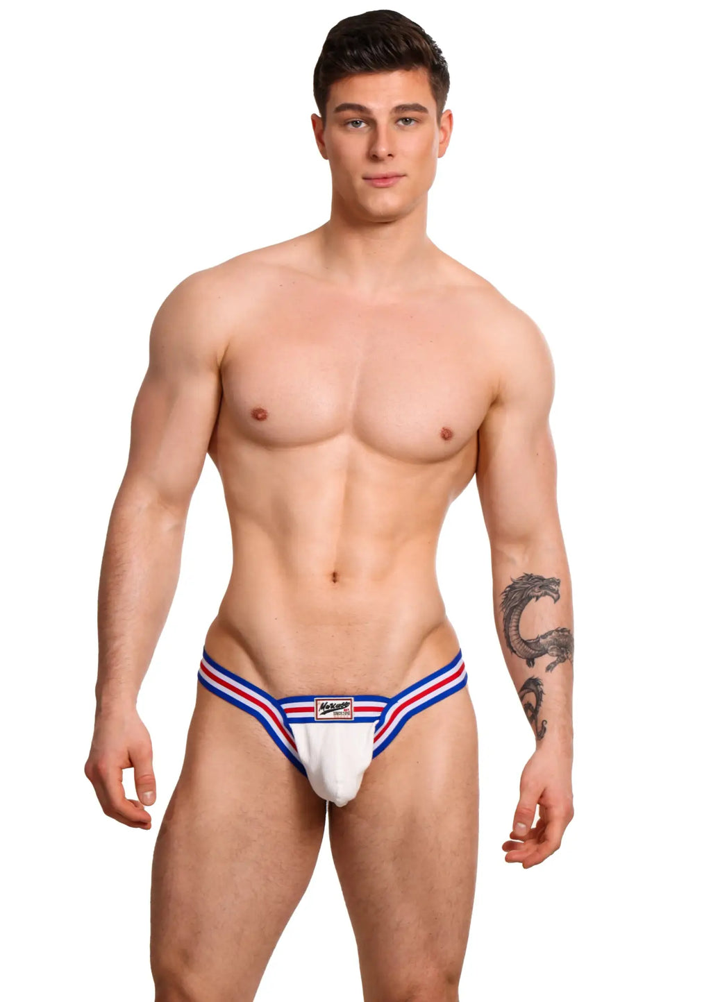 White marcuse marche thong underwear with red and blue striped trim and a small logo on the front