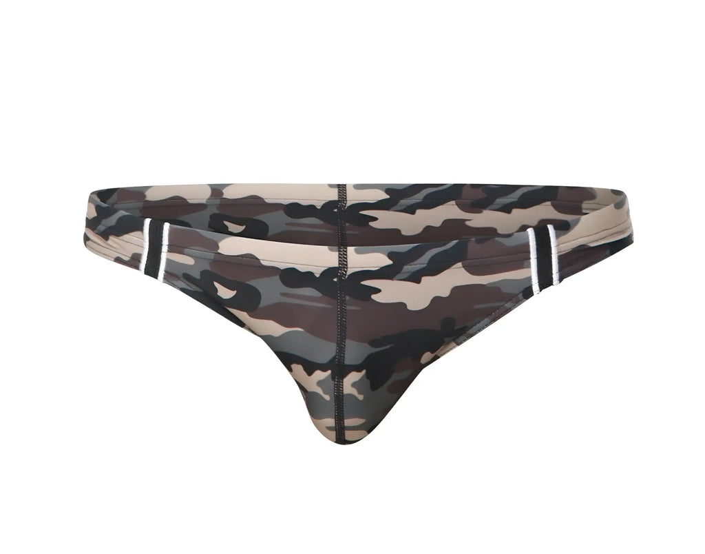Marcuse Master bikini swimwear camouflage men’s swim trunks with white stripe accents on waistband