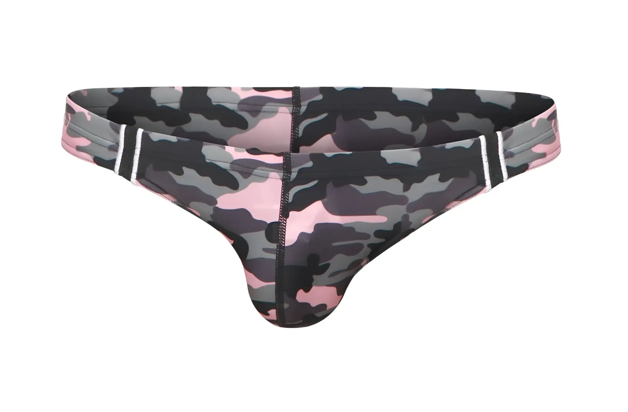 Pink and black camouflage patterned thong with white striped trim from Marcuse Master Bikini swimwear front view