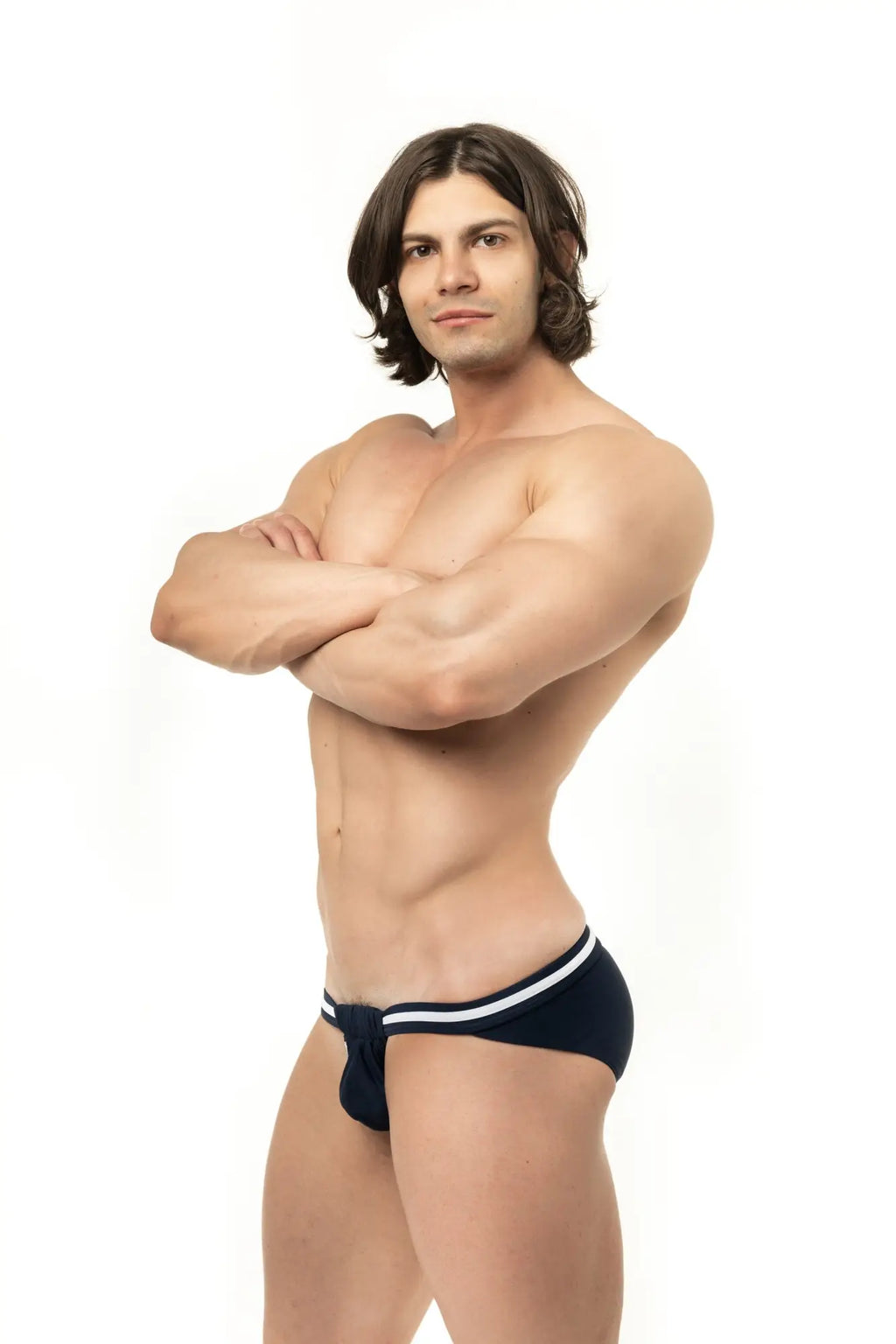 Marcuse Maximo bikini swimwear black briefs with white trim featuring a comfortable fabric for swimming