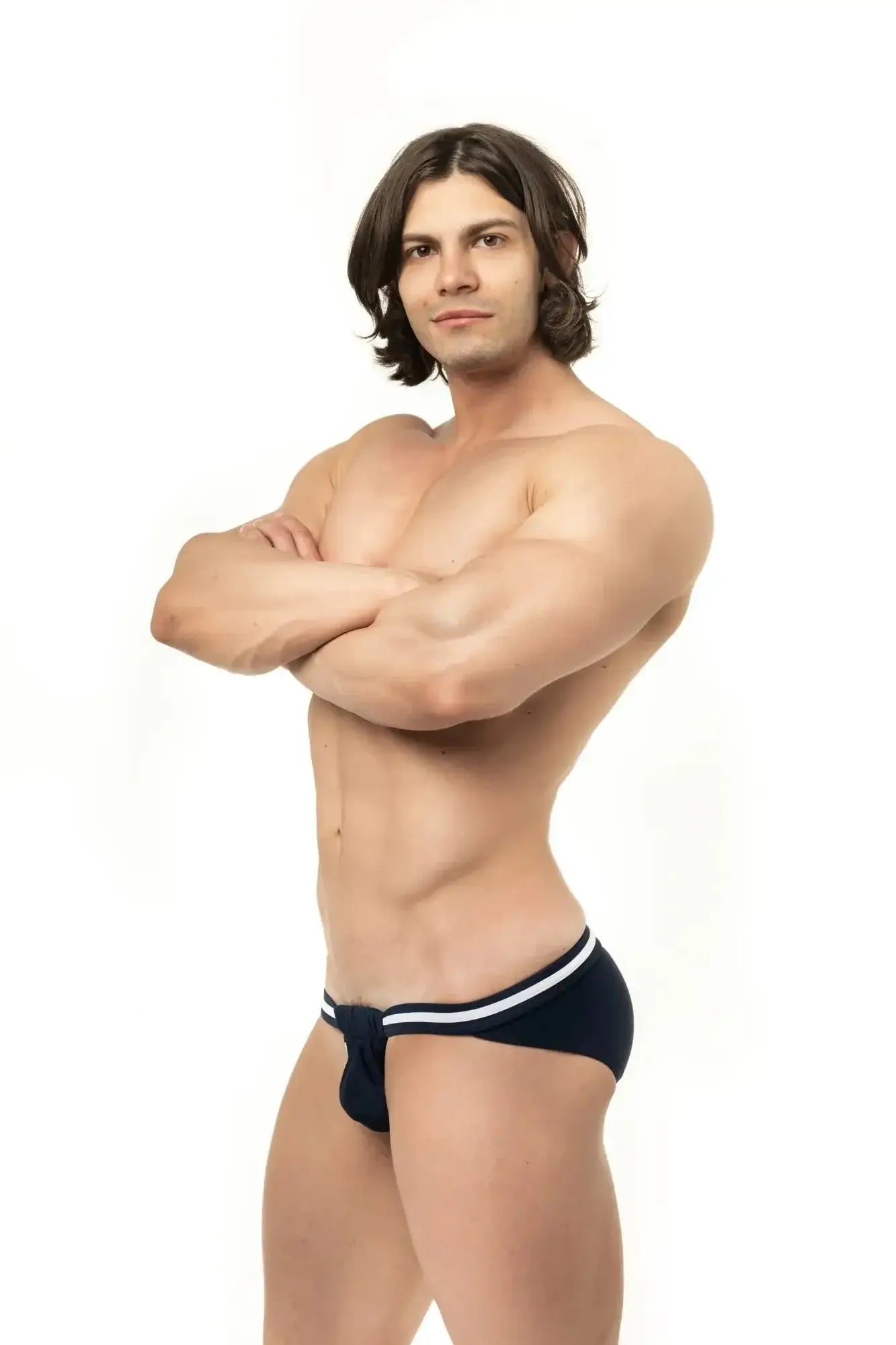 Marcuse Maximo bikini swimwear black briefs with white trim featuring a comfortable fabric for swimming