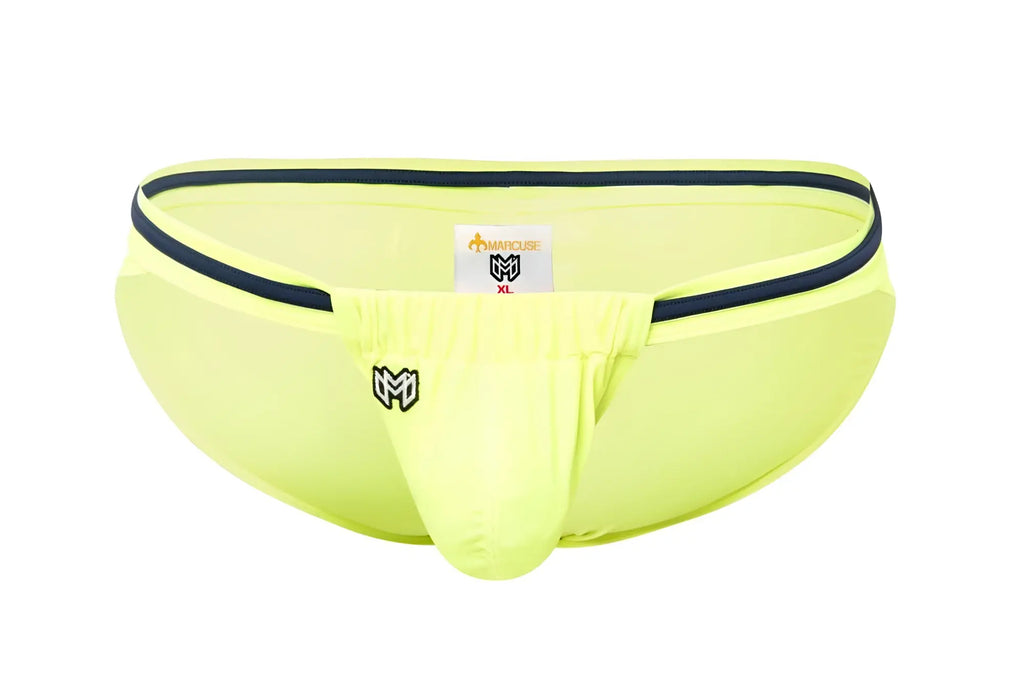 Marcuse Maximo bikini swimwear bright neon yellow men’s briefs with black trim and small front logo for swimming