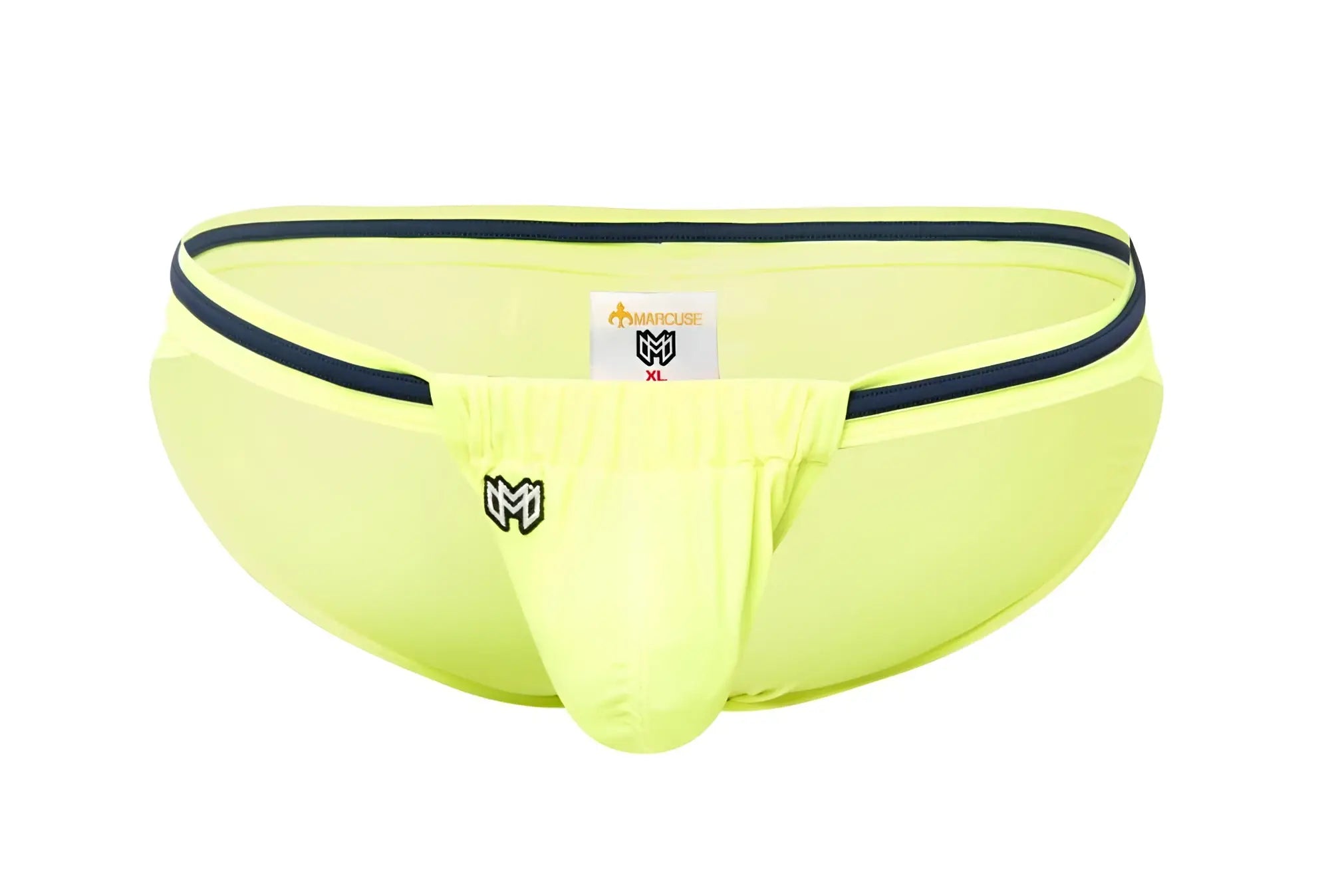 Marcuse Maximo bikini swimwear bright neon yellow men’s briefs with black trim and small front logo for swimming