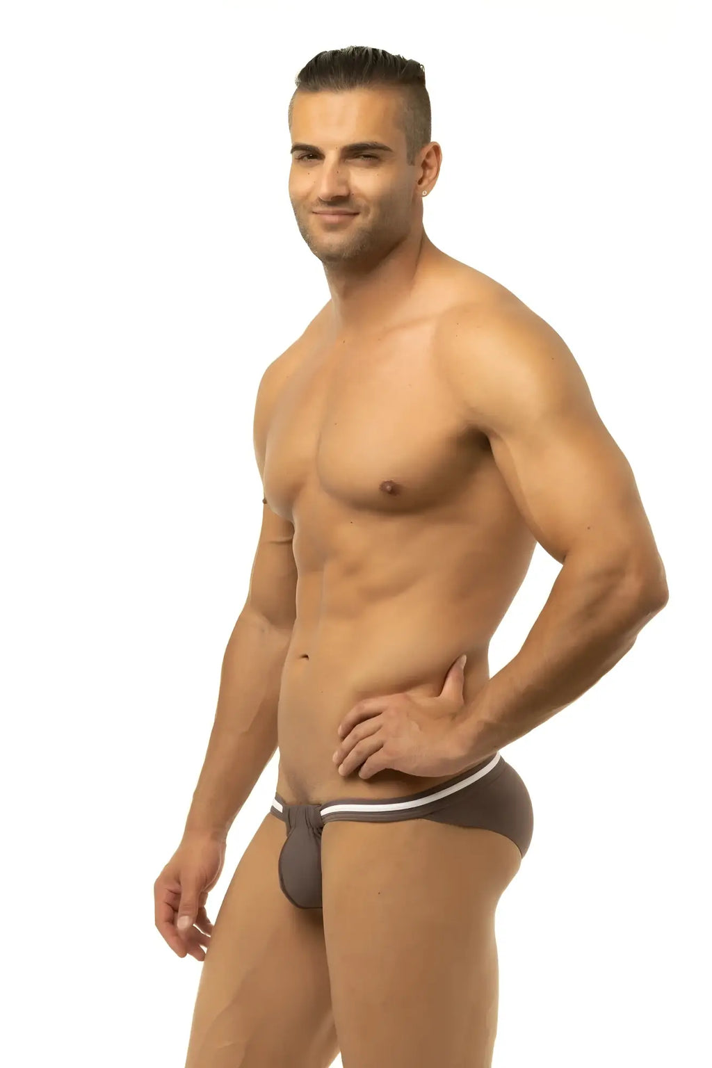 Marcuse Maximo bikini swimwear brown athletic briefs with white trim designed for swimming and active use