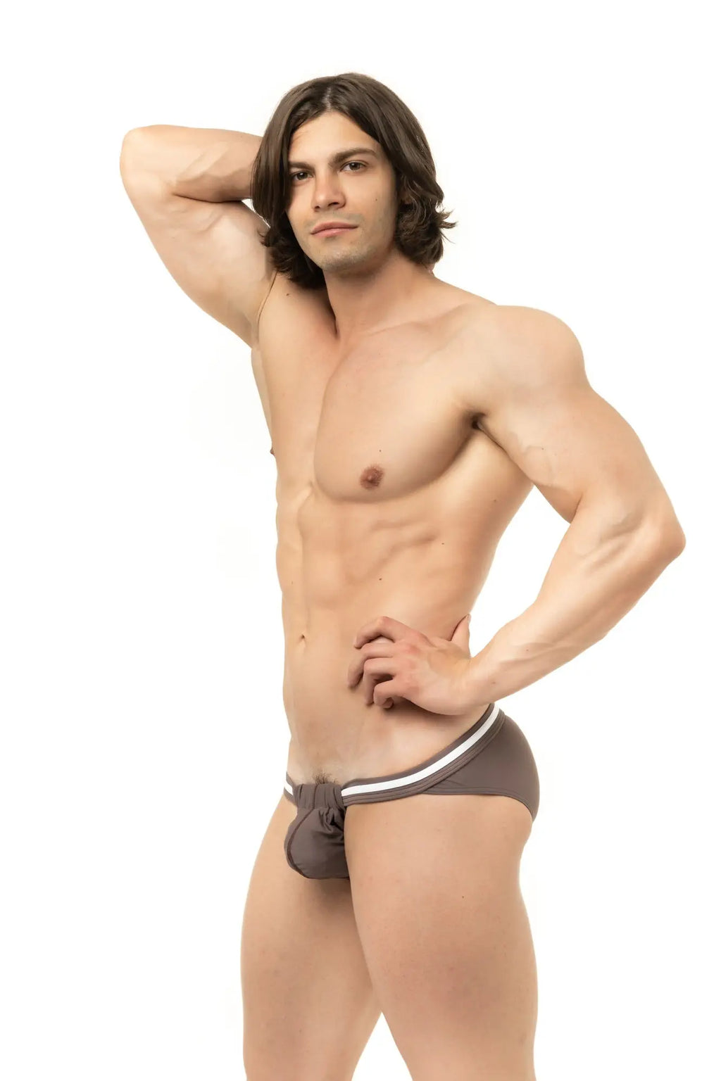 Brown marcuse maximo bikini swimwear briefs with white trim and central pouch design for athletic use