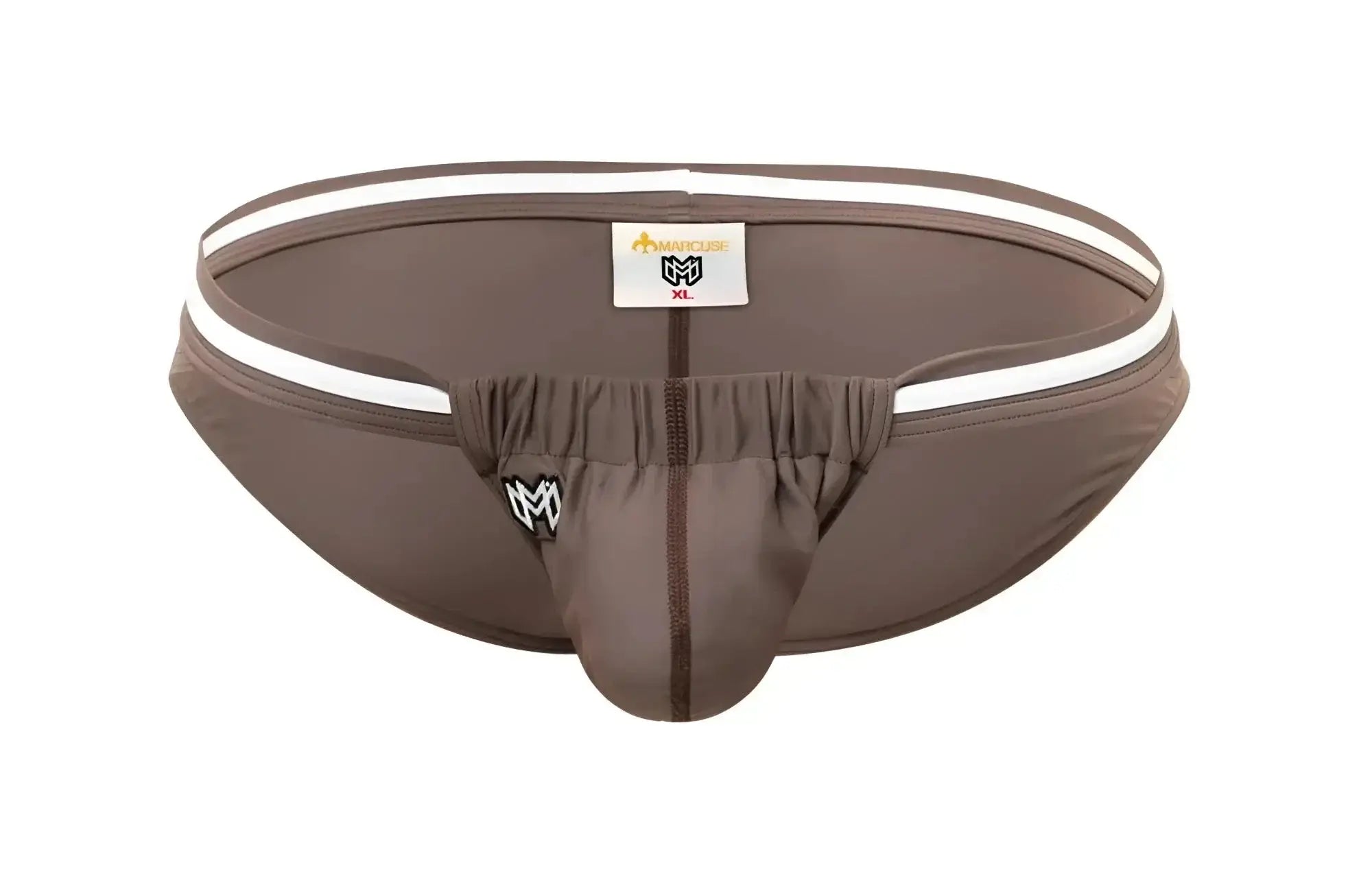 Marcuse Maximo bikini swimwear brown athletic briefs with white trim zipper front and m logo on waistband