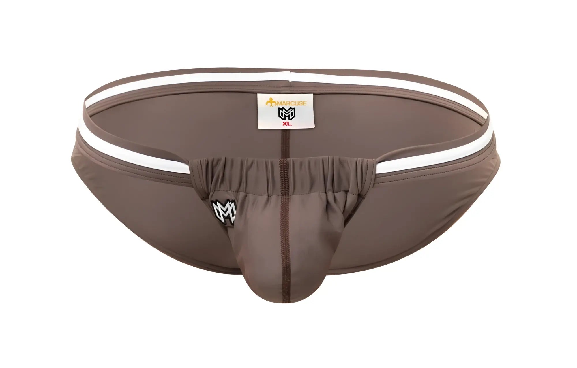 Marcuse Maximo bikini swimwear brown athletic briefs with white trim zipper front and m logo on waistband
