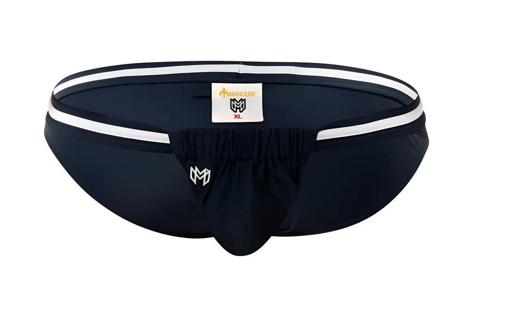 Marcuse Maximo bikini swimwear navy blue athletic briefs with white striped waistband and front embroidered logo