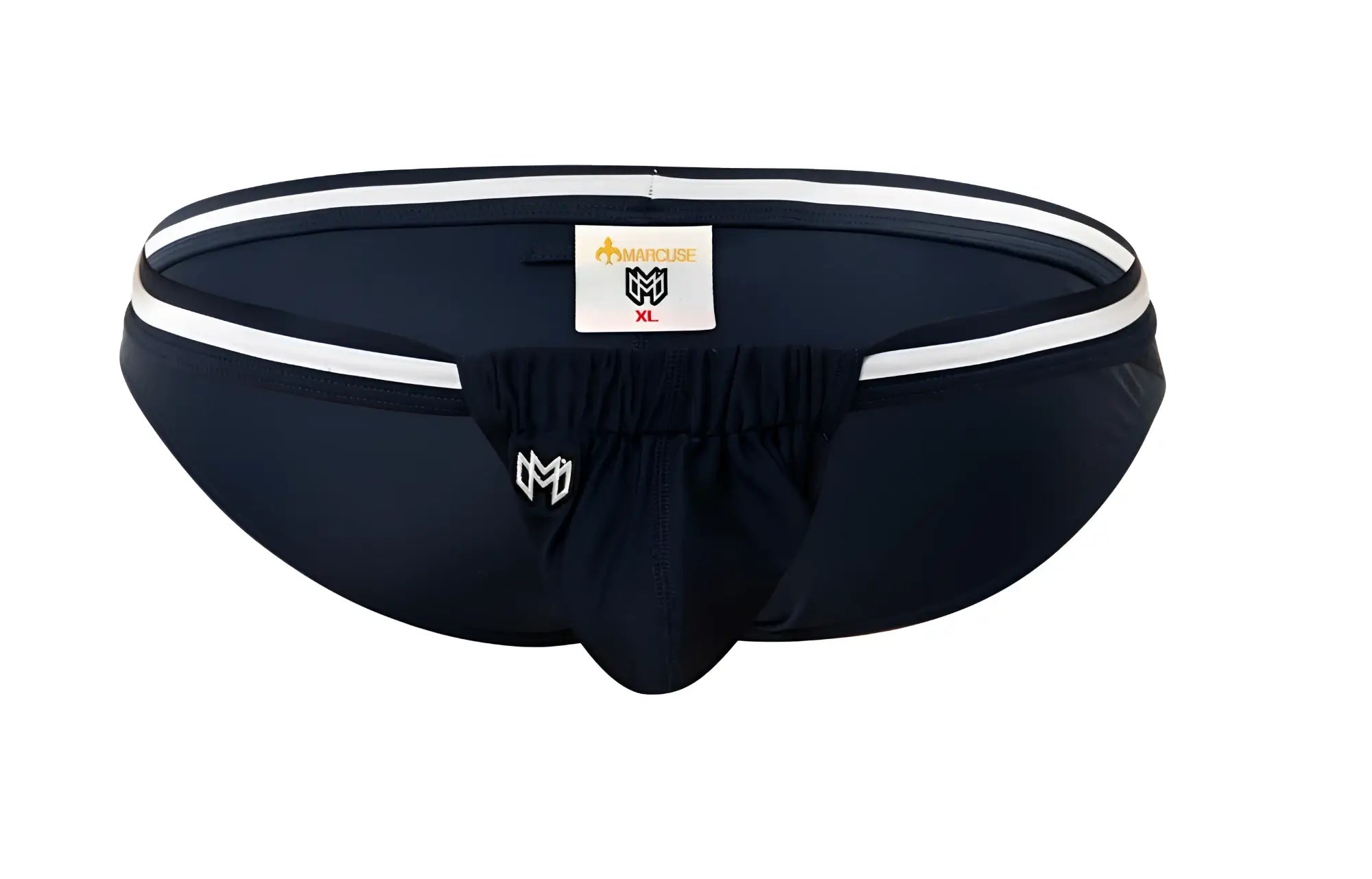 Marcuse Maximo bikini swimwear navy blue athletic briefs with white striped waistband and front embroidered logo