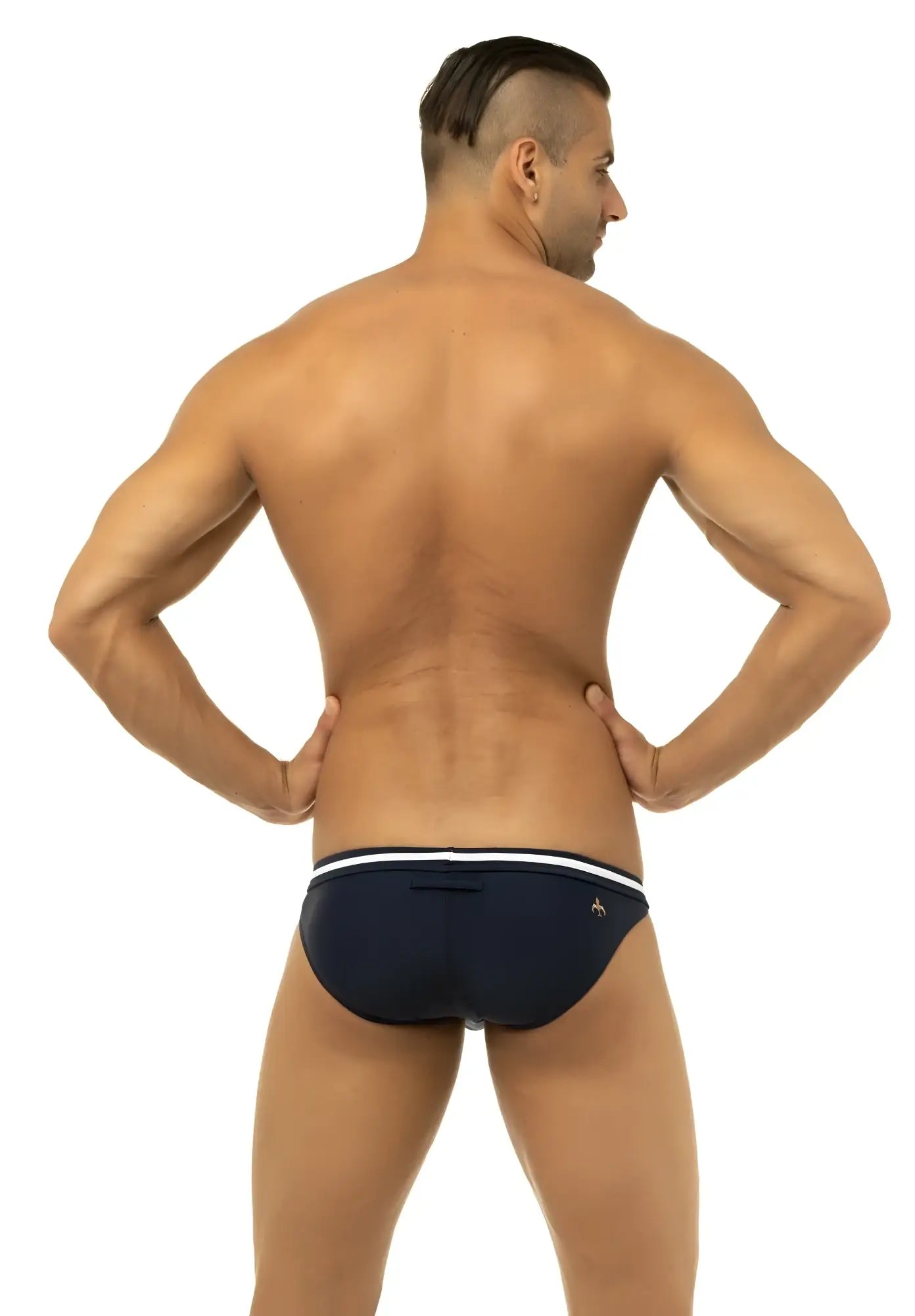 Navy blue marcuse maximo bikini swimwear briefs with white trim and gold logo on waistband ideal for swimming