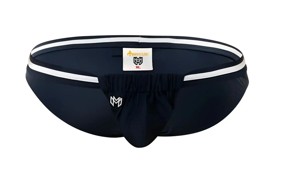 Marcuse Maximo bikini swimwear navy blue athletic briefs with white striped waistband and front embroidered logo