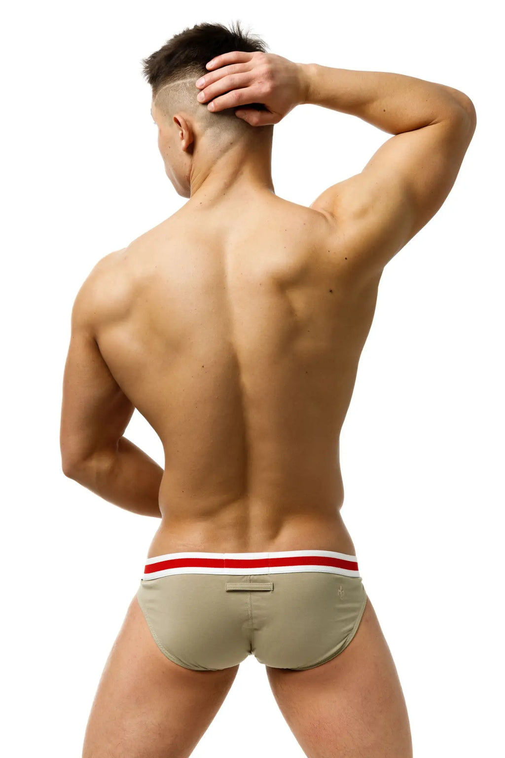 Beige marcuse maximo brief underwear with red and white striped waistband made from comfortable material