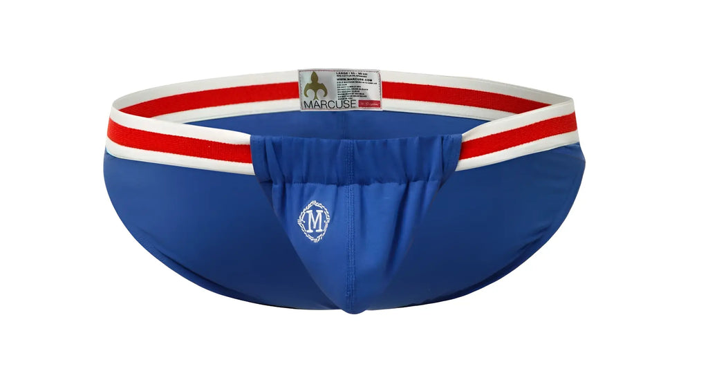 Blue Marcuse Maximo briefs with red and white striped waistband made from soft fabric for comfortable underwear wear