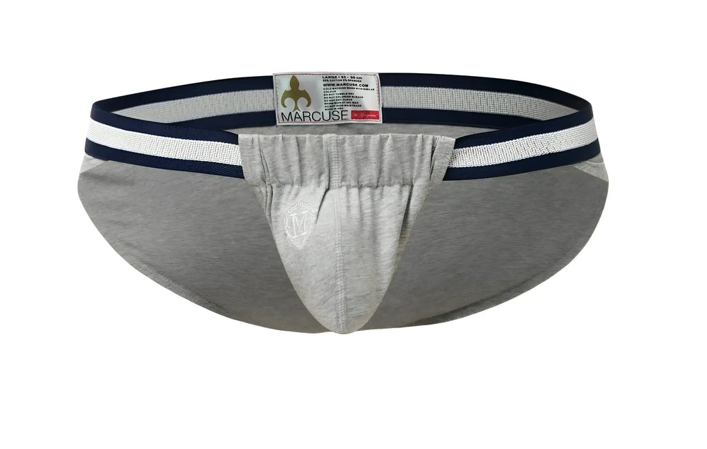 Gray marcuse maximo brief underwear with navy and white striped waistband in soft breathable fabric