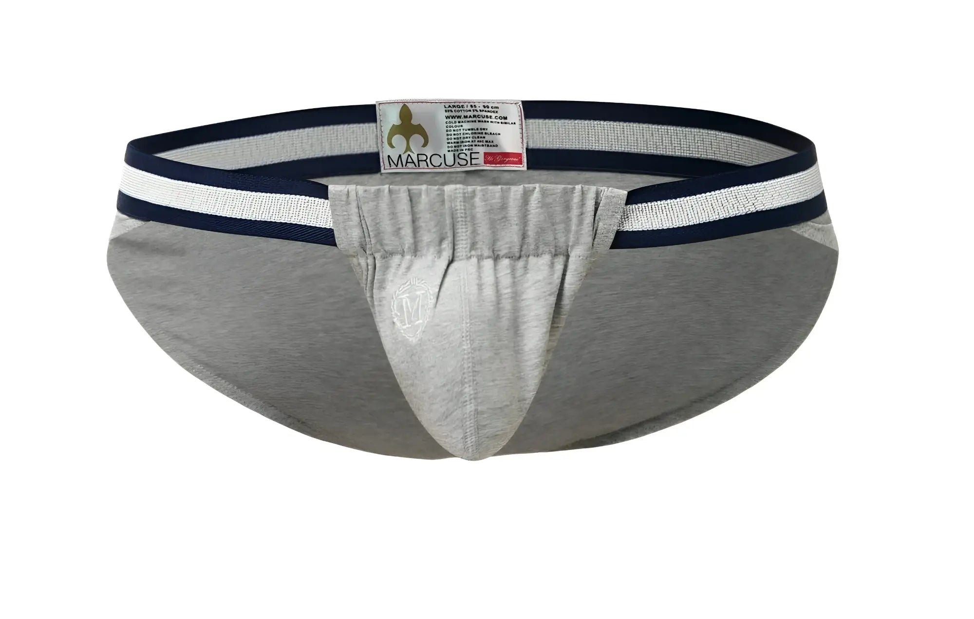 Gray marcuse maximo brief underwear with navy and white striped waistband in soft breathable fabric