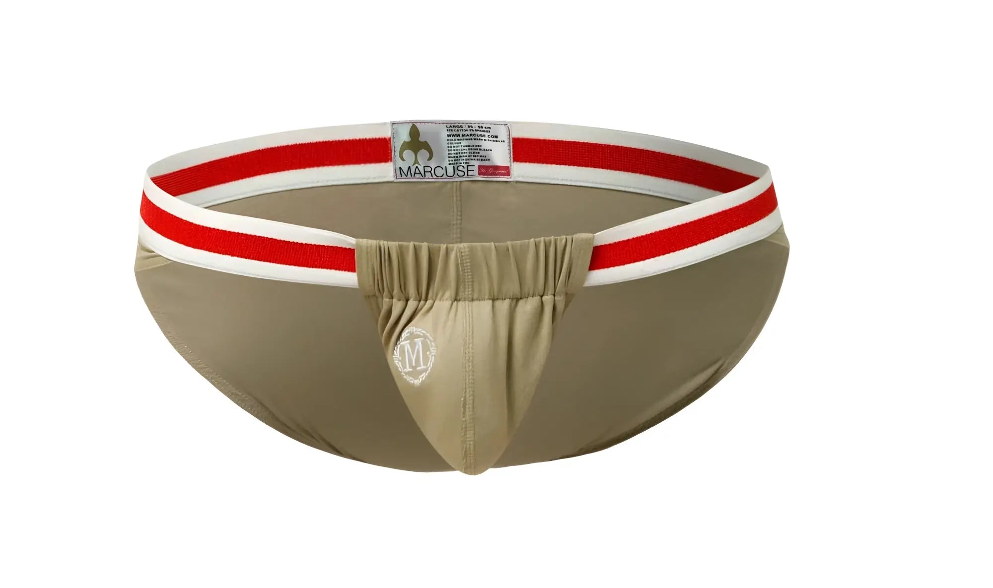 Khaki marcuse maximo brief underwear with red and white striped waistband made of comfortable fabric