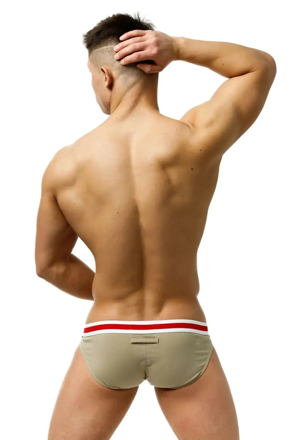 Beige marcuse maximo brief underwear with red and white striped waistband made from comfortable material