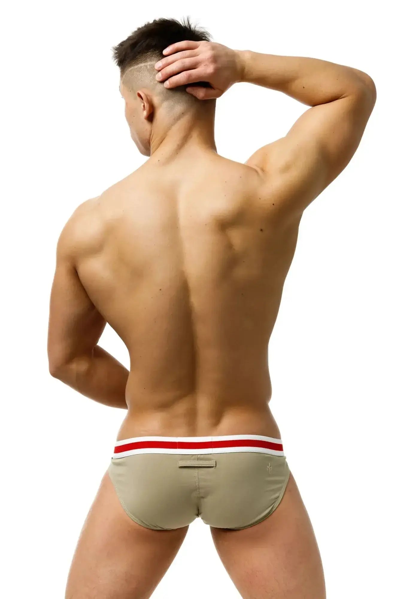 Beige marcuse maximo brief underwear with red and white striped waistband made from comfortable material