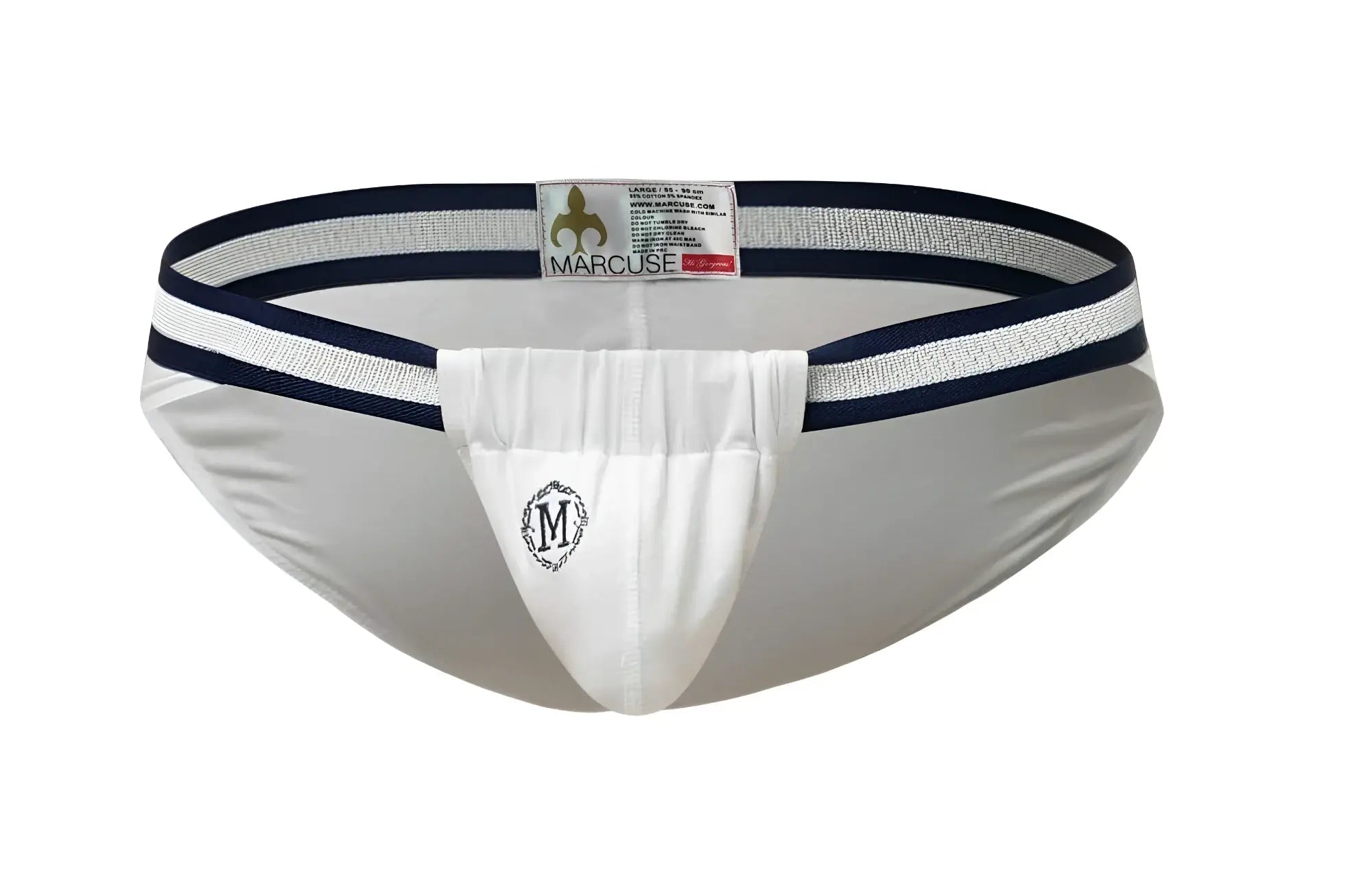 White Marcuse Maximo brief underwear with navy blue and white striped waistband and central embroidered logo