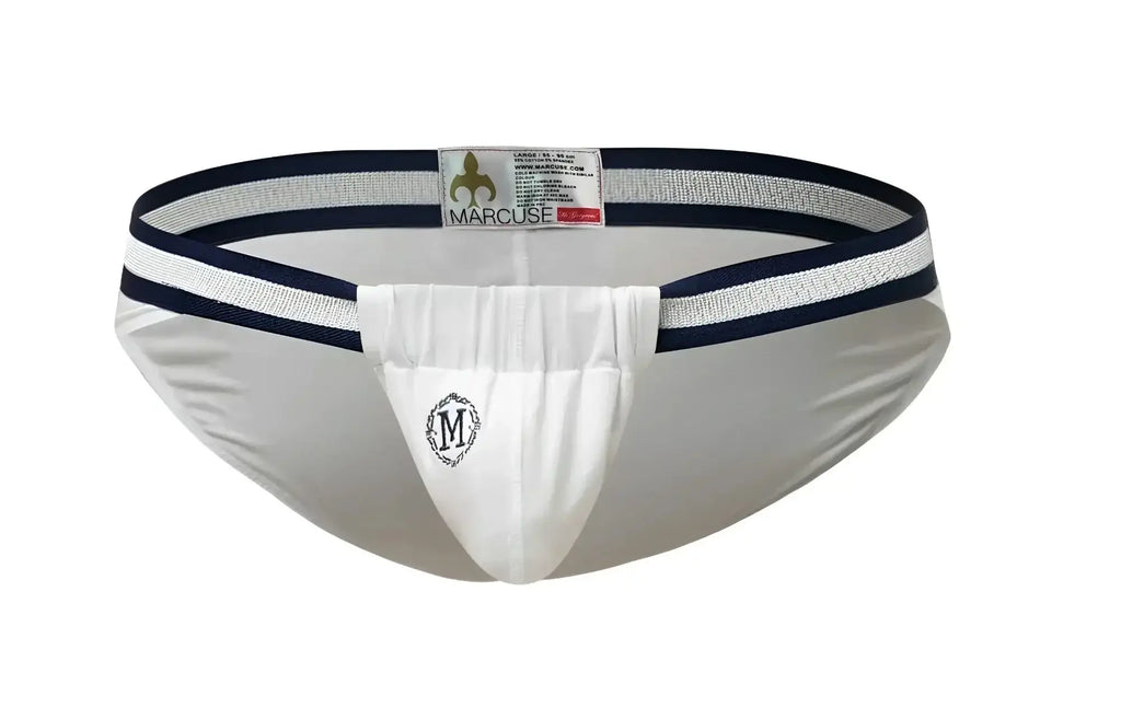 White Marcuse Maximo brief underwear with navy blue and white striped waistband and central embroidered logo